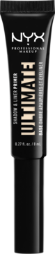 Czarna tubka NYX Ultimate Shadow & Liner Primer 8 ml, widok z przodu, z białym i beżowym napisem.