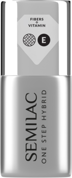 Srebrna butelka hybrydowej bazy Semilac One Step Hybrid z włóknami i witaminą E, widok z przodu, szczegóły na korku.