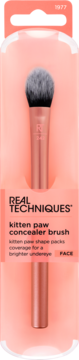 Real Techniques kitten paw concealer brush, rose gold handle, vegan bristles, in peach retail packaging, front view.
