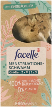 Opakowanie Facelle naturalnych gąbek menstruacyjnych (2xM, 1xS) z woreczkiem lnianym, widok z przodu.