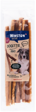 Winston Nature Dogettis, wołowe smakołyki dla psa w przezroczystej paczce, widok z przodu.