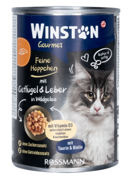 Ciemnoniebieska puszka karmy Winston Gourmet z drobiem i wątróbką w galarecie z dziczyzny, kot na etykiecie.