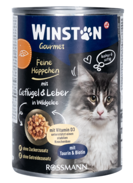 Ciemnoniebieska puszka karmy Winston Gourmet z drobiem i wątróbką w galarecie z dziczyzny, kot na etykiecie.