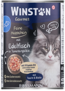 Winston Gourmet karma dla kota z rybą, bez zbóż i cukru, w ciemnej puszce z wizerunkiem puszystego kota, widok z przodu.