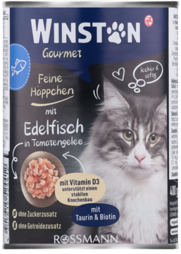 Winston Gourmet karma dla kota z rybą, bez zbóż i cukru, w ciemnej puszce z wizerunkiem puszystego kota, widok z przodu.