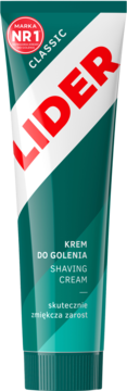 Zielona tuba kremu do golenia Lider Classic, z białym pasem, czerwonym logo i napisem 'MARKA NR1', widok z przodu.