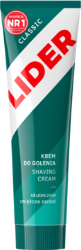 Zielona tuba kremu do golenia Lider Classic, z białym pasem, czerwonym logo i napisem 'MARKA NR1', widok z przodu.