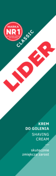 Lider Classic krem do golenia, zielono-białe opakowanie z czerwonym napisem Lider, widok z przodu pod kątem.