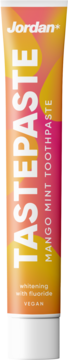 Jordan TastePaste Mango Mint toothpaste tube, orange-pink, front view, whitening, fluoride, vegan.