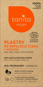 Tanita Vegan plastry do depilacji z woskiem migdałowym, brązowe opakowanie z pomarańczowym logo, frontalny widok.
