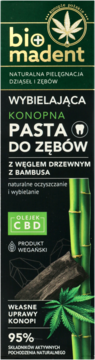 Biomadent konopna pasta do zębów z węglem i bambusem, widok z przodu ciemnozielonego opakowania z logo liścia.