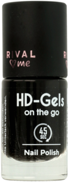 Czarny lakier do paznokci RIVAL me HD-Gels on the go, nr 30 Mystic Black. Butelka z napisem 45 SEC. Widok z przodu.