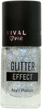 Lakier do paznokci Rival ♡ me Glitter Effect nr. 03 w szklanej butelce, widok z przodu, holograficzny brokat.