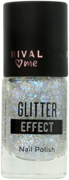 Lakier do paznokci Rival ♡ me Glitter Effect nr. 03 w szklanej butelce, widok z przodu, holograficzny brokat.