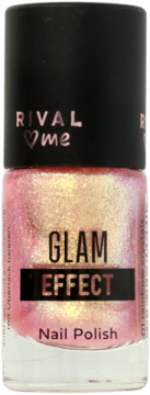 RIVAL me GLAM EFFECT lakier do paznokci, różowy z opalizującym złotym połyskiem, butelka, widok z przodu.