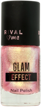 RIVAL me GLAM EFFECT lakier do paznokci, różowy z opalizującym złotym połyskiem, butelka, widok z przodu.