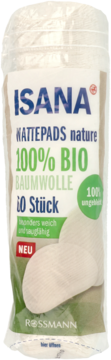 ISANA Wattepads nature ze 100% bio bawełny, 60 sztuk, w przezroczystym opakowaniu, widok z przodu.