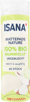 ISANA Nature 100% bio waciki bawełniane, niebielone, 60 sztuk. Zielono-białe opakowanie z rośliną bawełny.