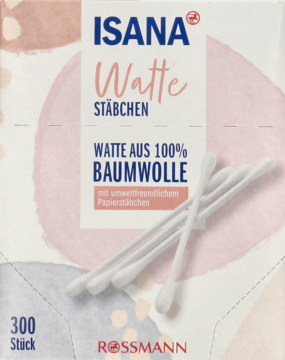 Isana patyczki kosmetyczne z bawełny i papieru, 300 szt., białe opakowanie z pastelowym tłem, widok z przodu.