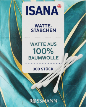 Isana patyczki kosmetyczne, 300 sztuk, 100% bawełny, w zielonym pudełku z liśćmi. Widok z przodu.