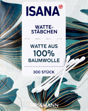 Isana Patyczki kosmetyczne 300 szt., wata 100% bawełny, papierowe patyczki. Widok z przodu eko opakowania z liśćmi.