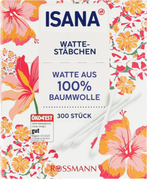 Isana Patyczki kosmetyczne 300 sztuk, 100% bawełny, białe opakowanie z kolorowym wzorem kwiatów. Widok z przodu.