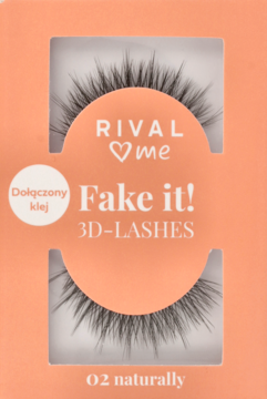 Rival Loves me Fake it! 3D-Lashes #02 Naturally w brzoskwiniowym opakowaniu z wycięciem, z rzęsami i klejem.
