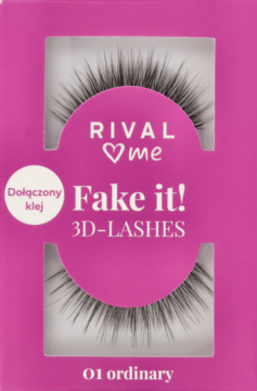 Rival Loves me Fake it! 3D-LASHES. Różowe opakowanie z parą czarnych rzęs i napisem "Dołączony klej".