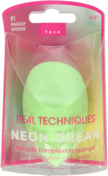 Real Techniques Neon Dream zielona gąbka do podkładu i kremu BB w przezroczystym opakowaniu, widok z przodu.