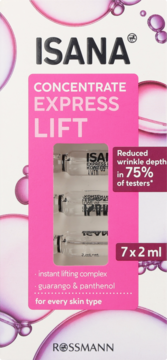 ISANA Concentrate Express Lift, 7x2ml ampułki wygładzające, białe opakowanie z różowymi detalami, widok z przodu.