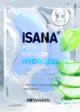 Isana Hydrożelowe Płatki Pod Oczy w przezroczystej saszetce z aloesem i kwasem hialuronowym, widok z przodu.
