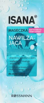 Niebieska maseczka Isana Nawilżająca do suchej skóry z kwasem hialuronowym i aloesem, widok opakowania z przodu.