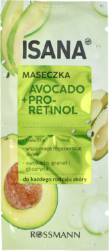 Zielona maseczka Isana Avocado + Pro-Retinol w jednorazowej saszetce z grafiką awokado.