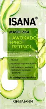 Isana maseczka Awokado + Pro-Retinol w zielonej saszetce z awokado, widok z przodu.