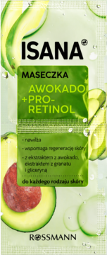 Isana Maseczka Awokado + Pro-Retinol, zielona saszetka z grafiką awokado i kroplami wody, widok z przodu.