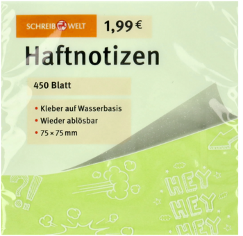 Zielone karteczki samoprzylepne Haftnotizen 75x75mm, 450 arkuszy, z klejem wodnym, w przezroczystym opakowaniu.