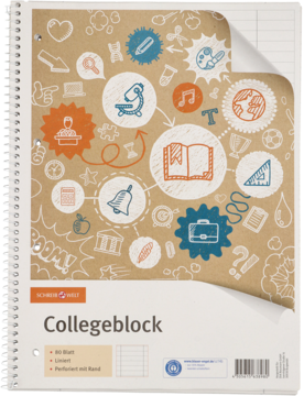 Zeszyt A4 Collegeblock Schreibwölf, 80 stron, liniowany, brązowa okładka z kolorowymi ikonami, widok z góry.