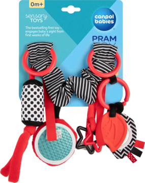 Canpol Babies sensory pram toy 0m+ in package, black/white/red, with striped fabric, star, leaf shapes, soft textures.