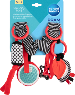 Canpol Babies sensory pram toy 0m+ in package, black/white/red, with striped fabric, star, leaf shapes, soft textures.