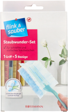 Flink & sauber Staubwunder-Set: białe pudełko i niebieska miotełka do kurzu z 5 zapasowymi końcówkami.