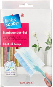 Flink & sauber Staubwunder-Set: białe pudełko i niebieska miotełka do kurzu z 5 zapasowymi końcówkami.