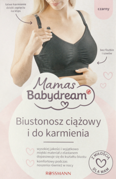 Czarny biustonosz ciążowy i do karmienia Mamas Babydream na modelce, z widocznym zapięciem na klips.