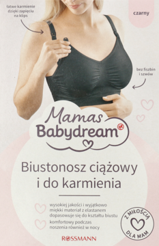 Czarny biustonosz ciążowy Mamas Babydream do karmienia. Opakowanie z modelką prezentującą klips.