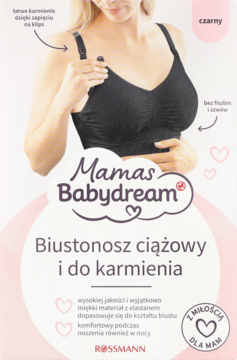 Czarne opakowanie z kobietą w biustonoszu Mamas Babydream. Biustonosz ciążowy i do karmienia, miękki materiał.