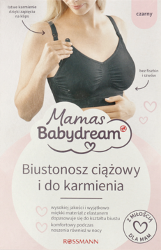 Czarny biustonosz Mamas Babydream bez szwów, ciążowy i do karmienia, na różowym opakowaniu z logo.