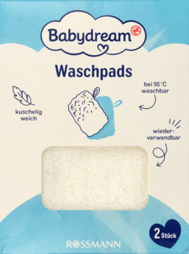 Babydream Myjki do kąpieli, 2 szt. w błękitnym opakowaniu. Widoczne białe, miękkie myjki, wielorazowe.