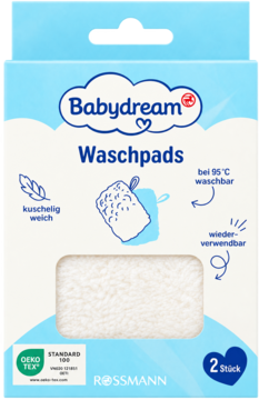 Babydream Waschpads, 2 szt. wielorazowe, miękkie myjki dla niemowląt. Widok z przodu jasnoniebiesko-białego opakowania.