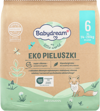 Babydream Eko Pieluszki rozmiar 6 XL, 14-20 kg. Brązowa torba z lisem, liśćmi, napisem "EKO PIELUSZKI", z przodu.
