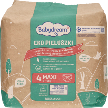 Babydream EKO PIELUSZKI 4 MAXI (8-14 kg), 30 szt., opakowanie z brązowego papieru, widok z przodu, zielone logo.