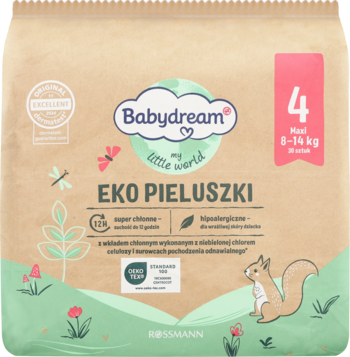 Babydream EKO PIELUSZKI 4 MAXI (8-14 kg) w papierowym opakowaniu z ilustracjami zwierząt, widok z przodu.